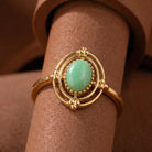 Green Cabochon Gold Ring Vintage Beaded Halo Frame with Double Band Timeless Boho Style