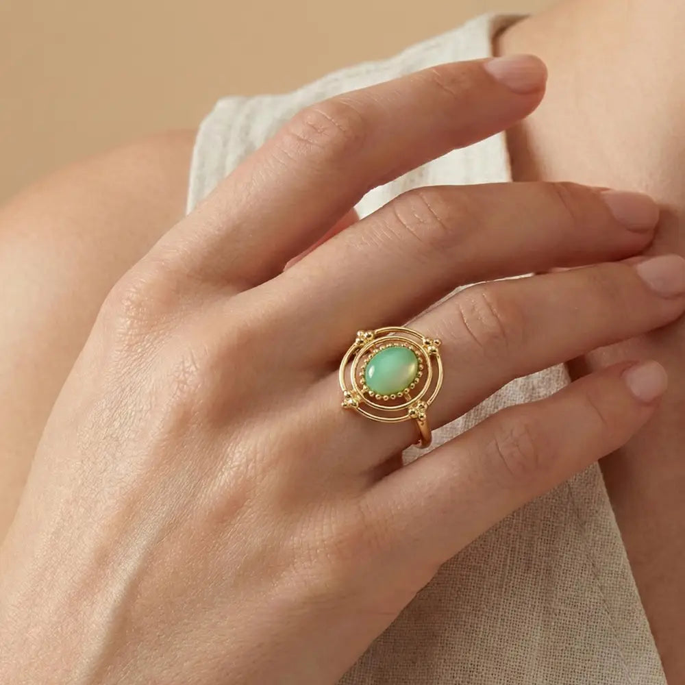 Green Cabochon Gold Ring Vintage Beaded Halo Frame with Double Band Timeless Boho Style