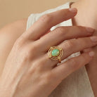Green Cabochon Gold Ring Vintage Beaded Halo Frame with Double Band Timeless Boho Style