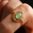 Green Cabochon Gold Ring Vintage Beaded Halo Frame with Double Band Timeless Boho Style