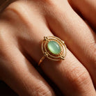 Green Cabochon Gold Ring Vintage Beaded Halo Frame with Double Band Timeless Boho Style