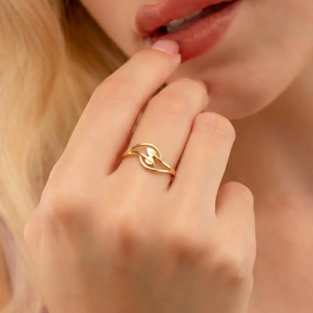 Handcrafted 14K Gold Leaf Ring Dainty Intertwined Solid Gold Jewelry Twisted for Women