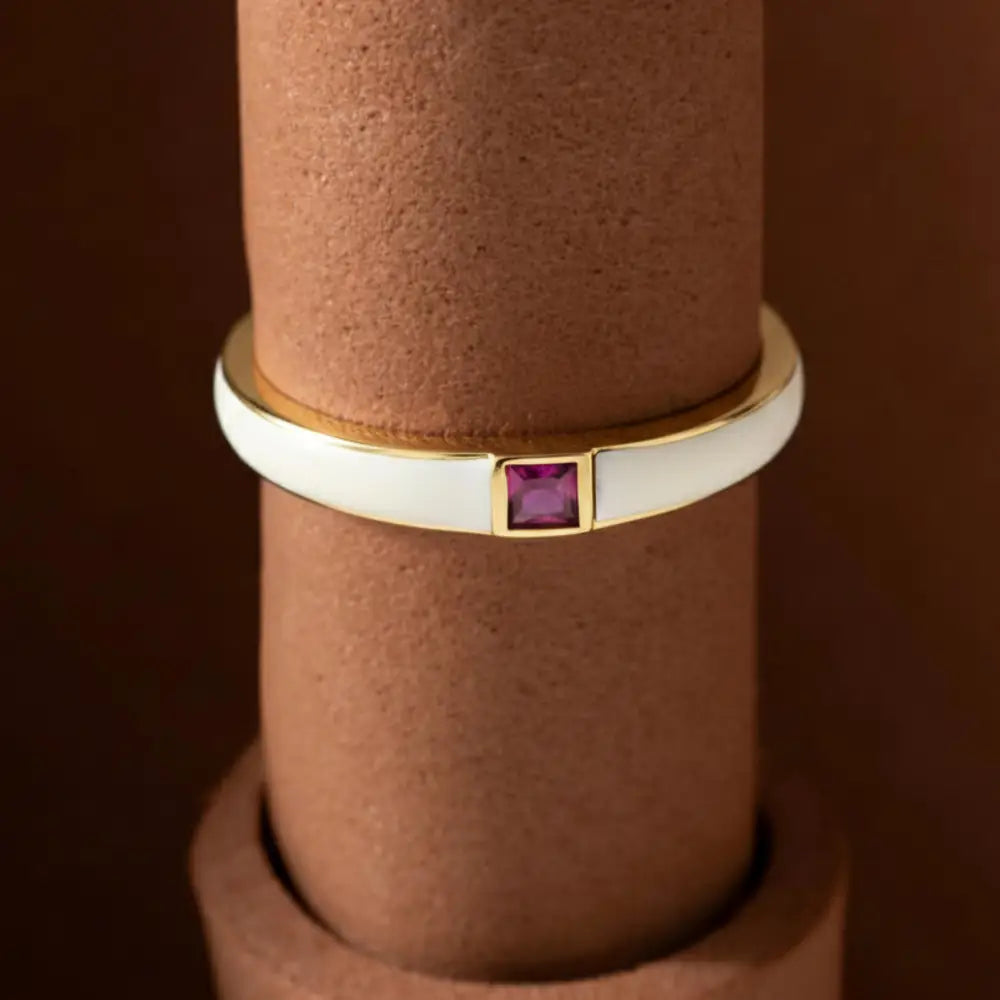 Handcrafted 14K Gold Ruby and Mother of Pearl Ring Square Gemstone Accent for Women