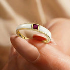 Handcrafted 14K Gold Ruby and Mother of Pearl Ring Square Gemstone Accent for Women