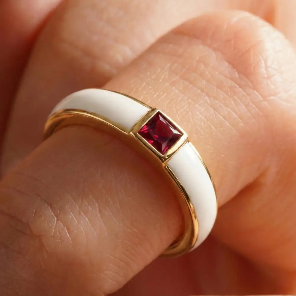 Handcrafted 14K Gold Ruby and Mother of Pearl Ring Square Gemstone Accent for Women