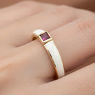 Handcrafted 14K Gold Ruby and Mother of Pearl Ring Square Gemstone Accent for Women