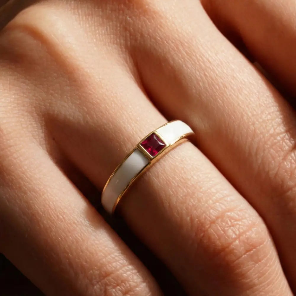 Handcrafted 14K Gold Ruby and Mother of Pearl Ring Square Gemstone Accent for Women