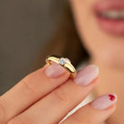Handcrafted 14K Real Gold Diamond Solitaire Ring Simple Elegant Gold Band with Sparkling