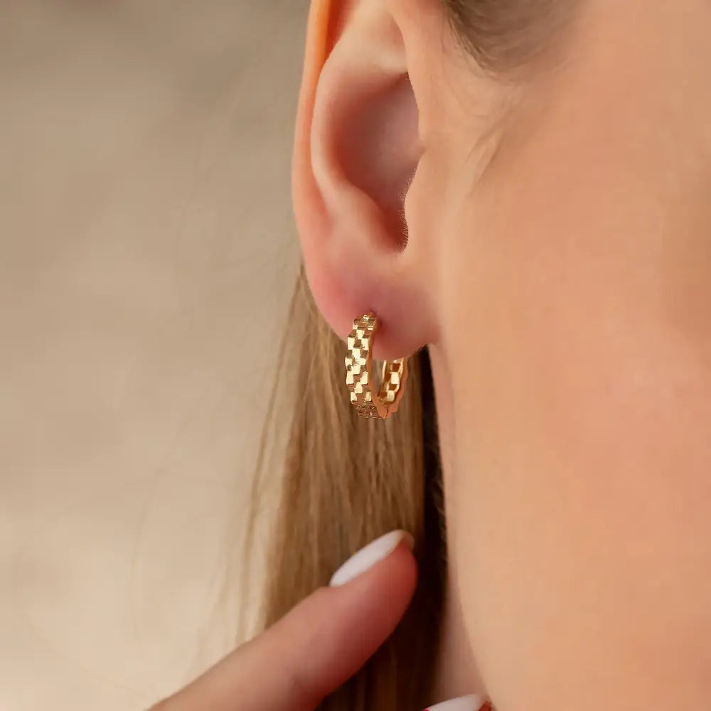 Handmade 14K Gold Geometric Faceted Hoop Earrings Checkerboard Textured Design Jewelry for Her - Hoop Earrings