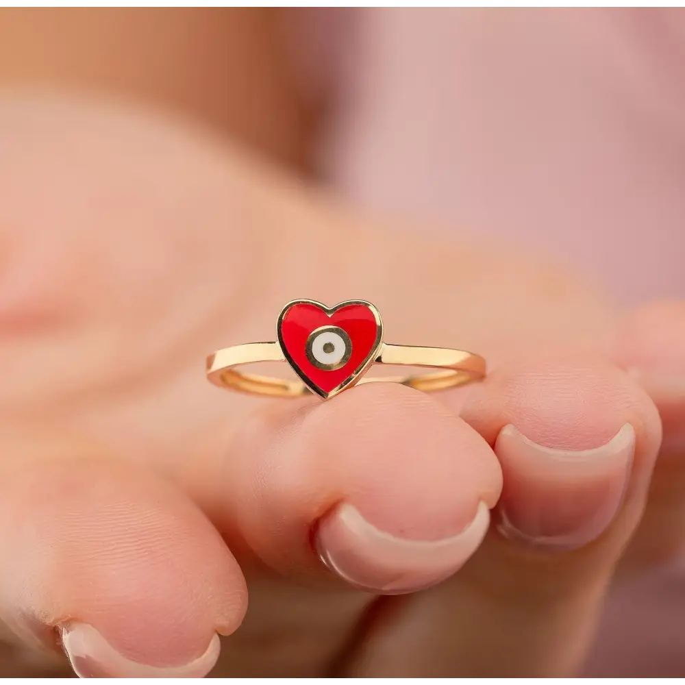 Handmade 14K Gold Red Heart Ring with Evil Eye Protective Jewelry Gift for Women