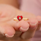 Handmade 14K Gold Red Heart Ring with Evil Eye Protective Jewelry Gift for Women