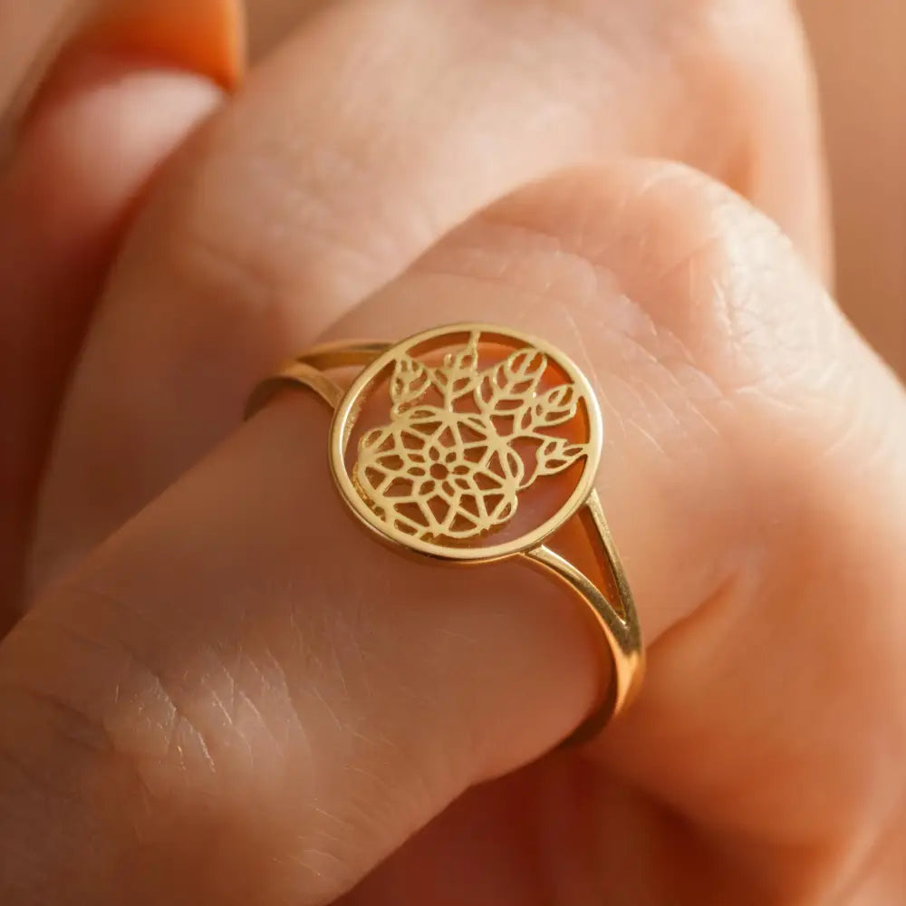Handmade 14K Solid Gold Lotus Mandala Ring Delicate Geometric Symbol Jewelry for Women