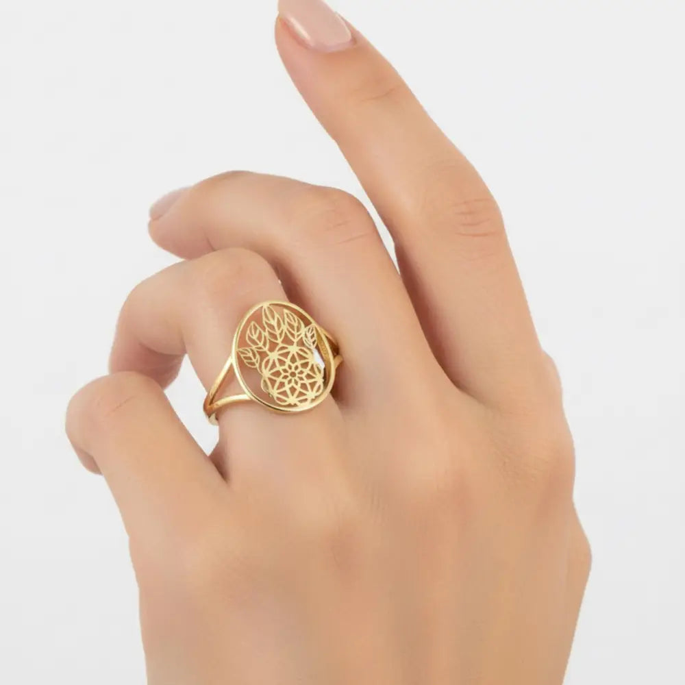 Handmade 14K Solid Gold Lotus Mandala Ring Delicate Geometric Symbol Jewelry for Women