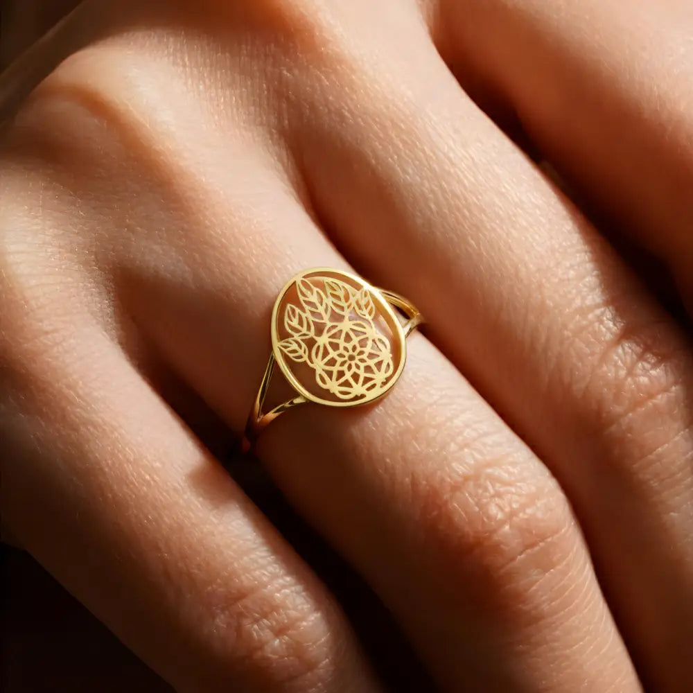 Handmade 14K Solid Gold Lotus Mandala Ring Delicate Geometric Symbol Jewelry for Women
