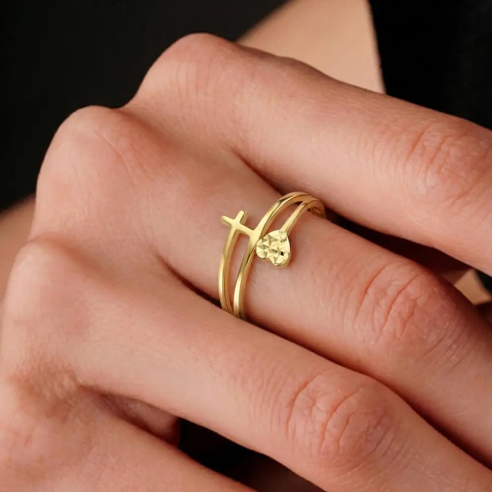 Handmade Double Band Ring with Cross and Faceted Heart Gold Faith Jewelry for Women