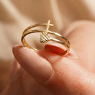 Handmade Double Band Ring with Cross and Faceted Heart Gold Faith Jewelry for Women