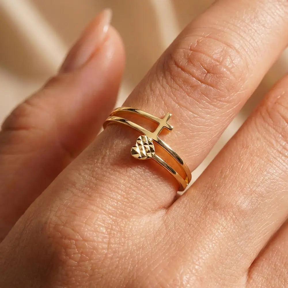 Handmade Double Band Ring with Cross and Faceted Heart Gold Faith Jewelry for Women