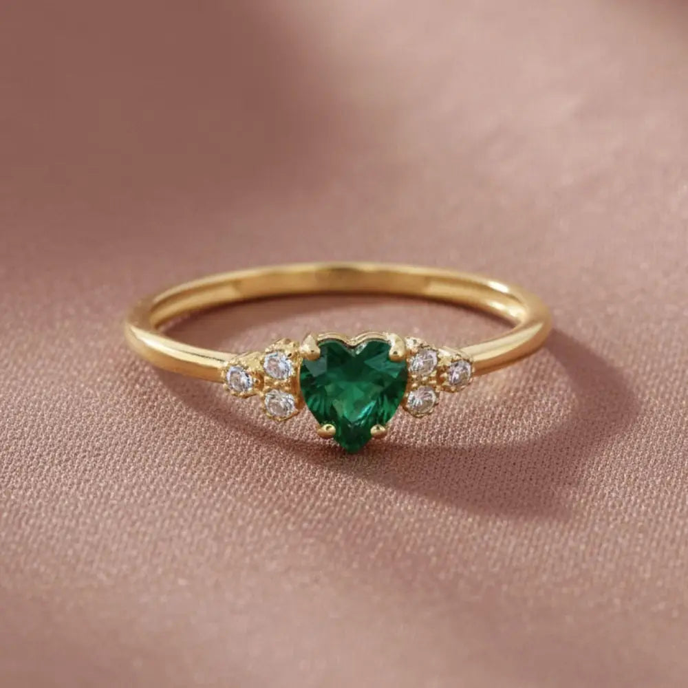 Heart Emerald Ring 14K Gold Simulant Diamond Wedding Band