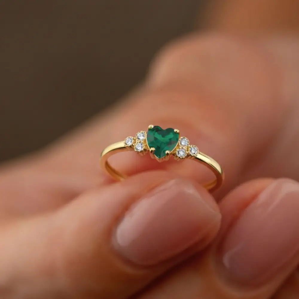 Heart Emerald Ring 14K Gold Simulant Diamond Wedding Band