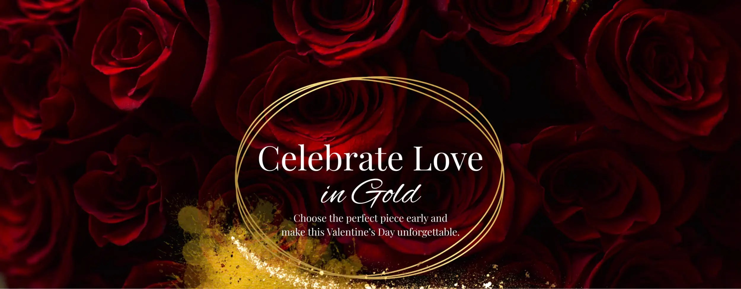 A luxurious gold oval frame with elegant cursive text reading ’celebrate love in gold’ set against a backdrop of deep red roses.