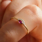 Marquise Ruby Evil Eye Ring – 14K Solid Gold with Simulated Diamond Dainty Birthstone