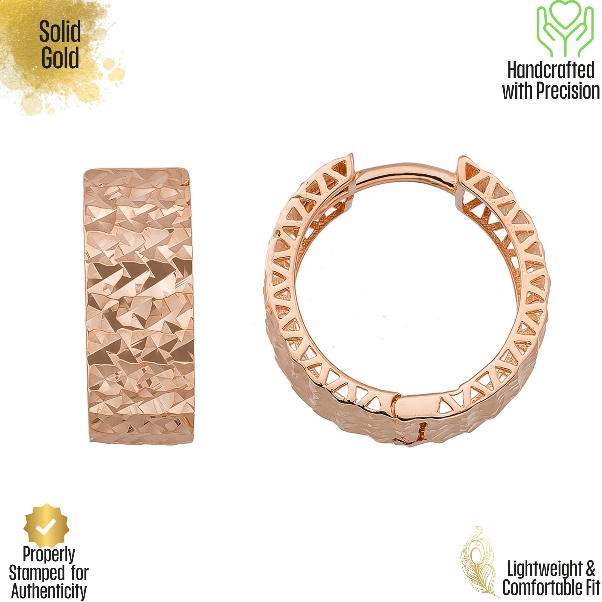 Medium Diamond Cut Hoops 14K Solid Gold | Chunky Hoop Earrings for Women Shiny Textured Gold Hoops - Hoop Earrings