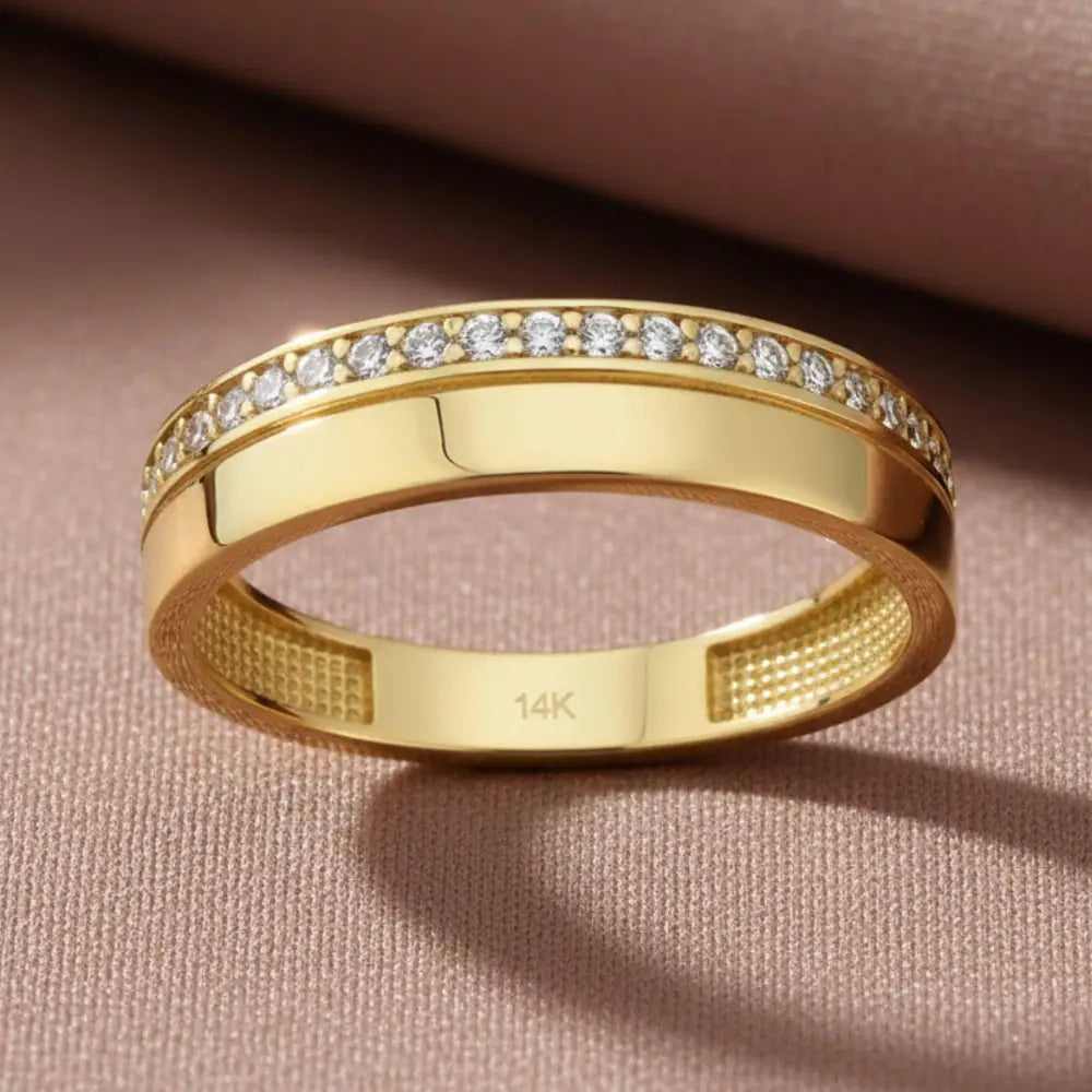 Multiple Small Simulant Diamond Ring 14k Solid Gold Eyecatching Luxury Wide Wedding Band