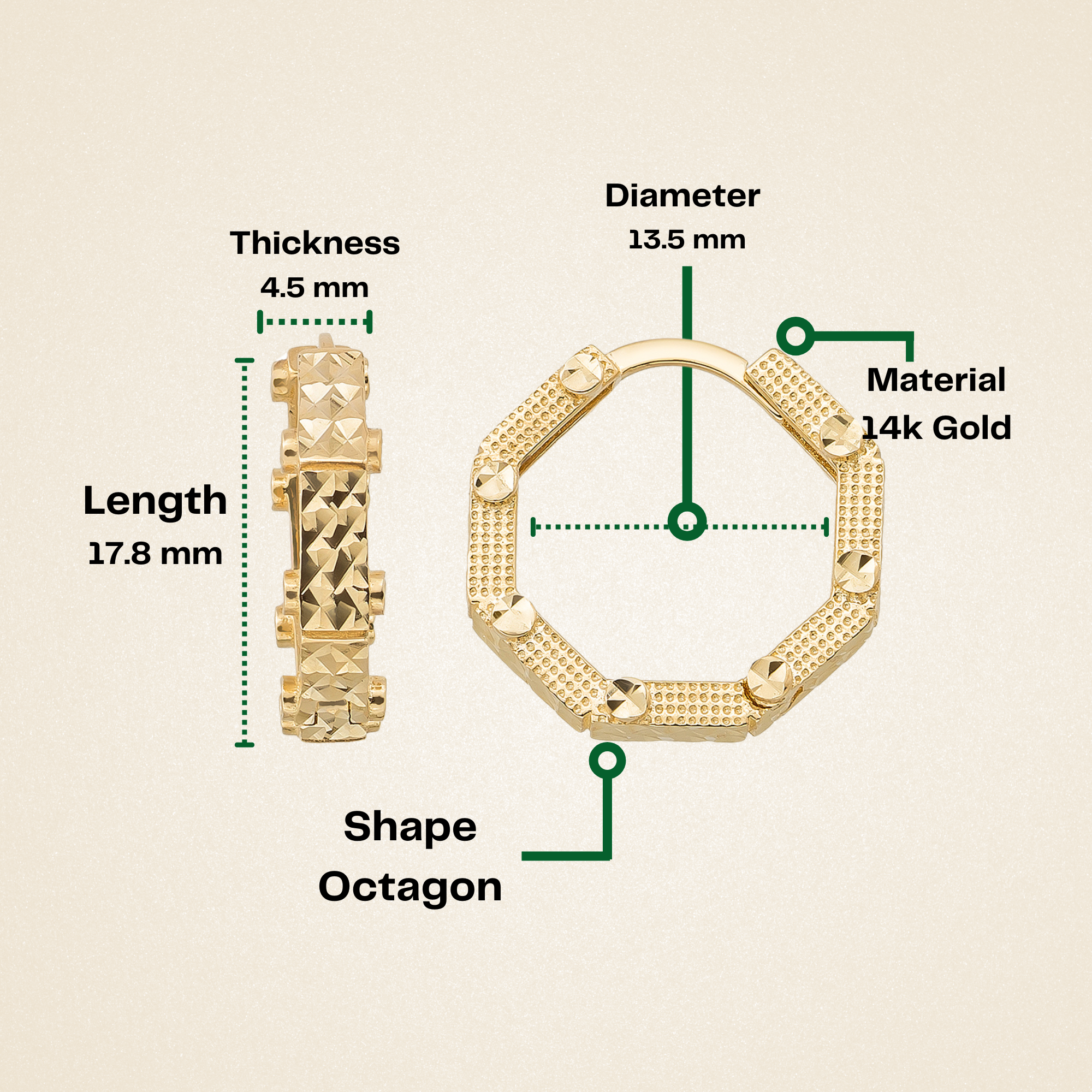 Octagon Hoop Earrings 14K Solid Gold | Diamond-Cut Ribbed Geometric Huggies 4.5 mm Thick 17.8 mm Hoops for Women - Hoop