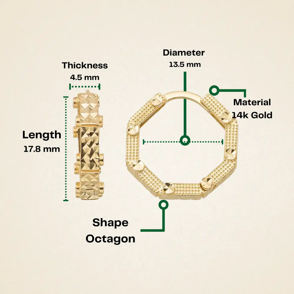 Octagon Hoop Earrings 14K Solid Gold | Diamond-Cut Ribbed Geometric Huggies 4.5 mm Thick 17.8 mm Hoops for Women - Hoop