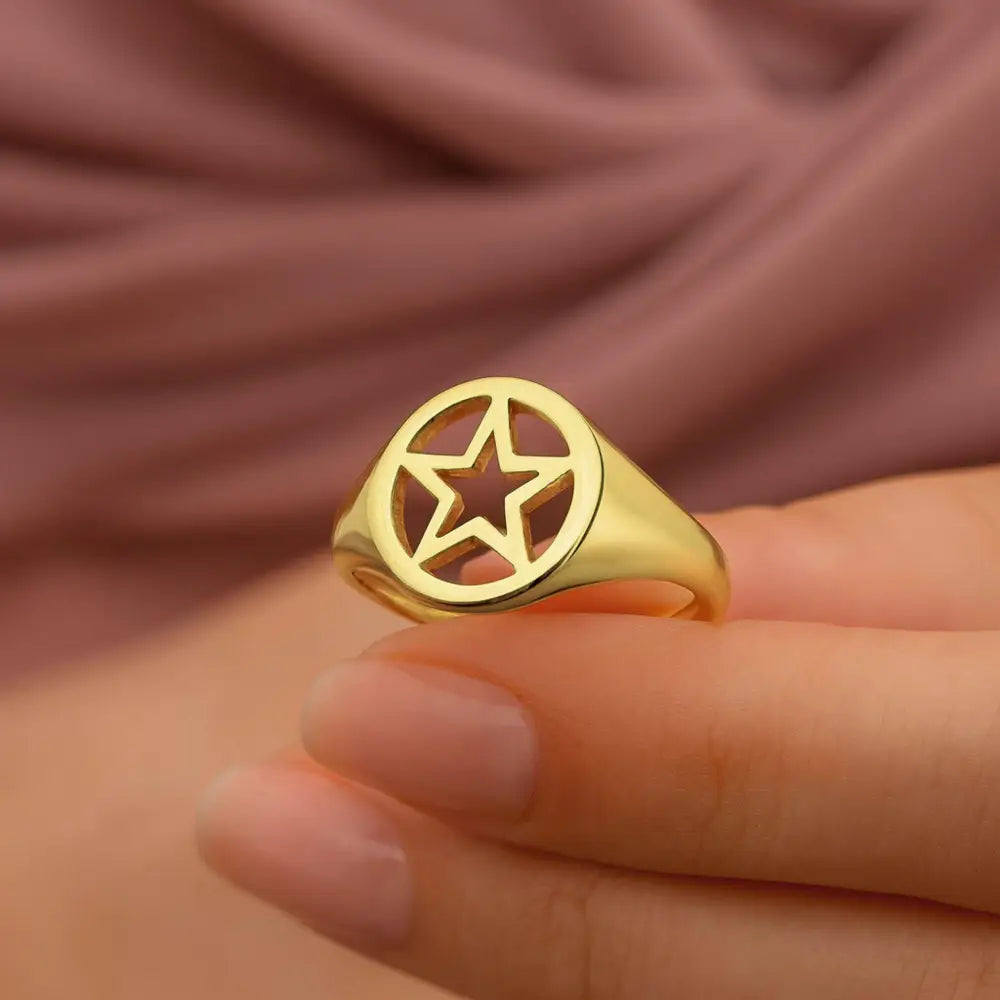 Open Star Signet Ring 14K Solid Gold Chunky Ring Christmas Gift for Women