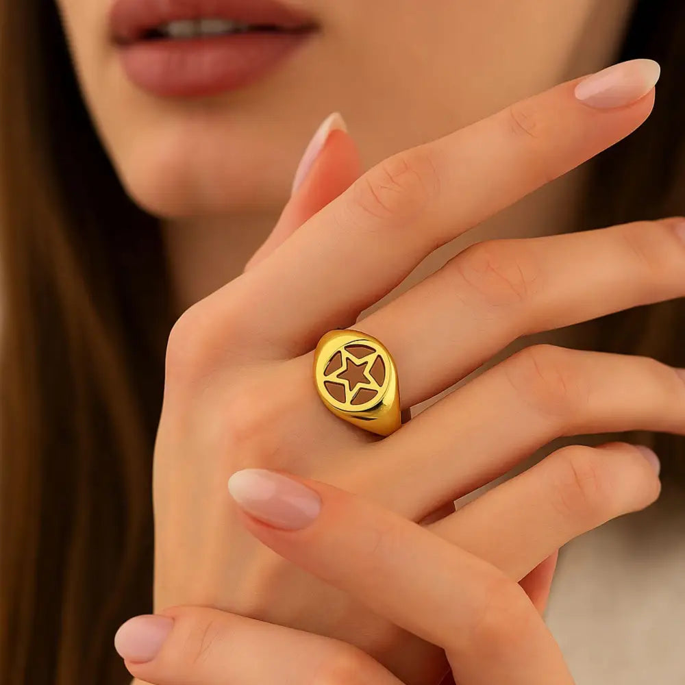 Open Star Signet Ring 14K Solid Gold Chunky Ring Christmas Gift for Women