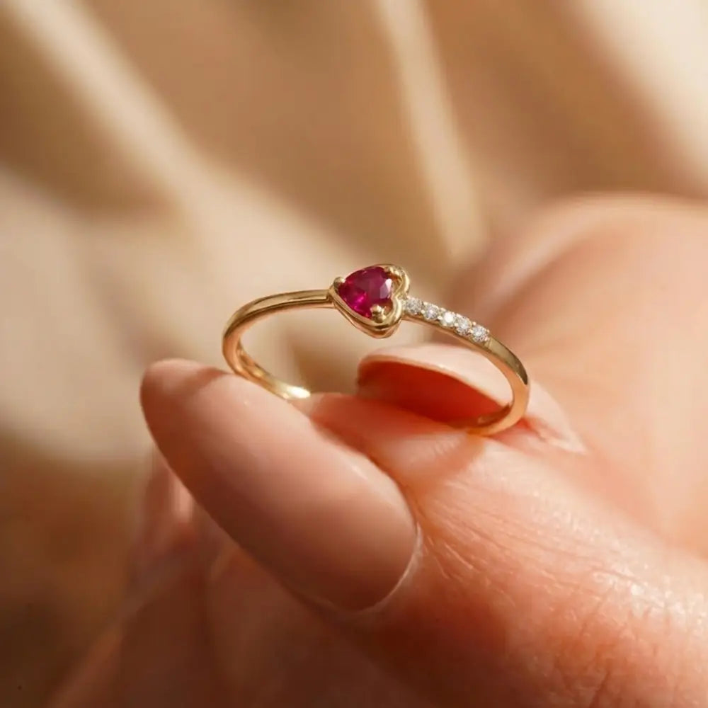 Personalized 14K Ruby Heart Ring with CZ for Valentine’s Day Delicate Jewelry Thin Stackable Ring