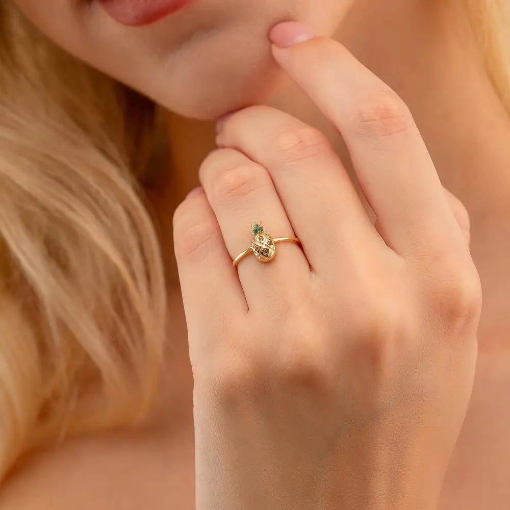 Pineapple Ring in 14K Gold Green Gemstone Top Handcrafted Tropical Jewelry for Women