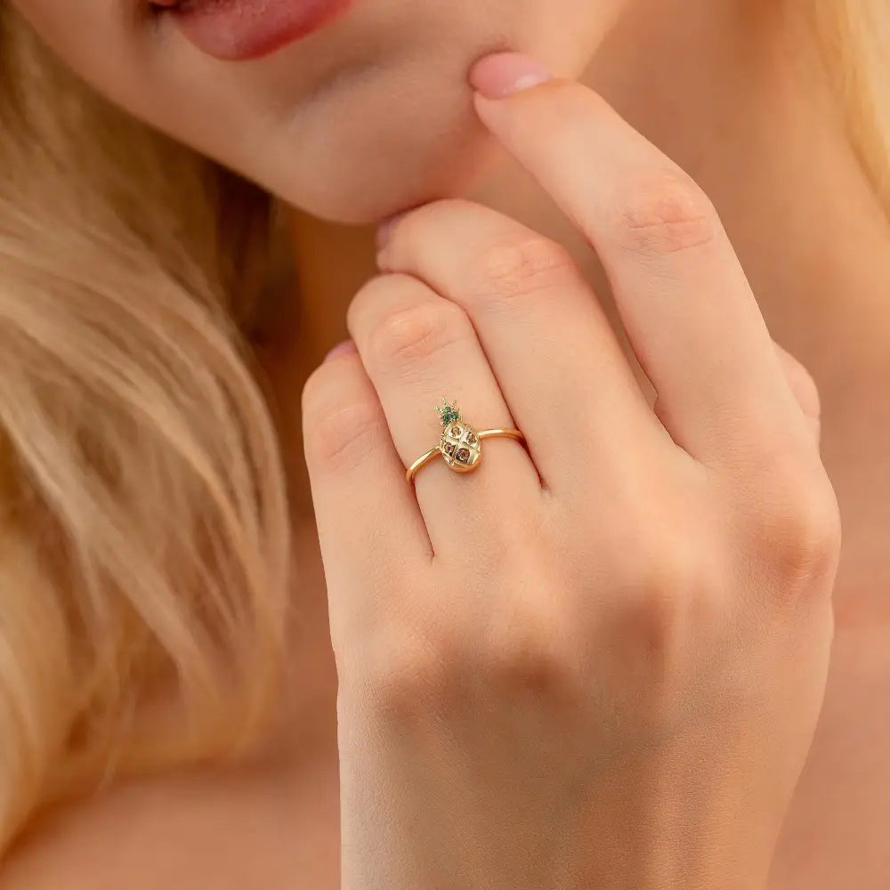 Pineapple Ring in 14K Gold Green Gemstone Top Handcrafted Tropical Jewelry for Women