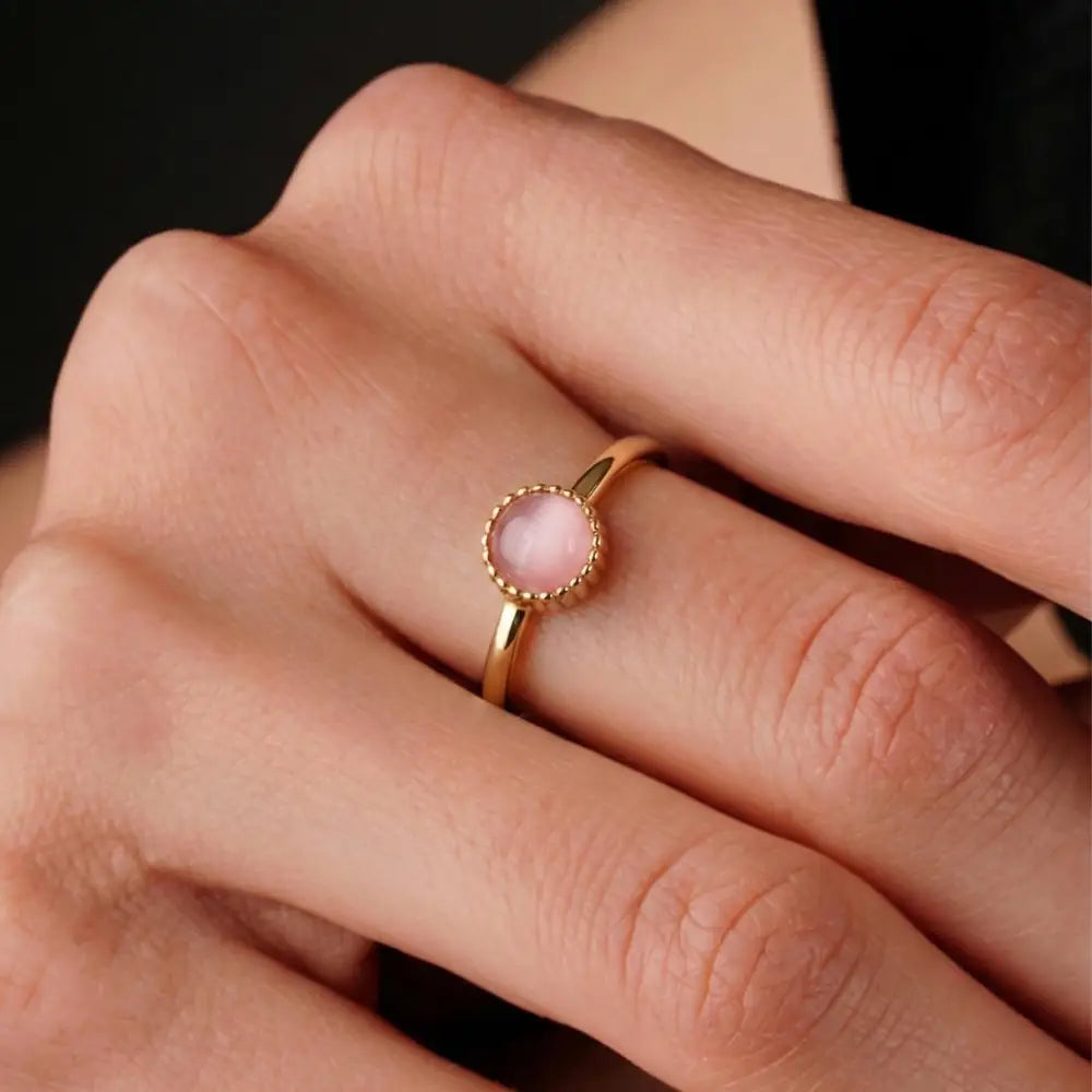 Pink Cat Eye Gemstone Ring Gold Beaded Bezel Delicate Handmade Ring for Everyday Elegant - Jewelry