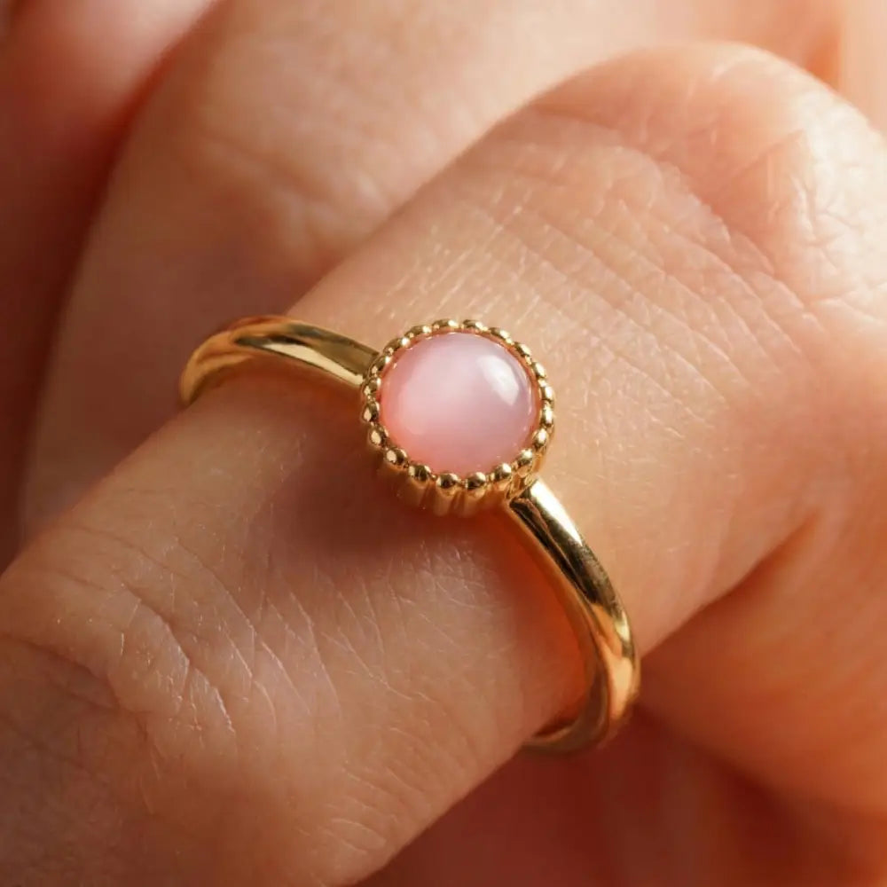 Pink Cat Eye Gemstone Ring Gold Beaded Bezel Delicate Handmade Ring for Everyday Elegant - Jewelry
