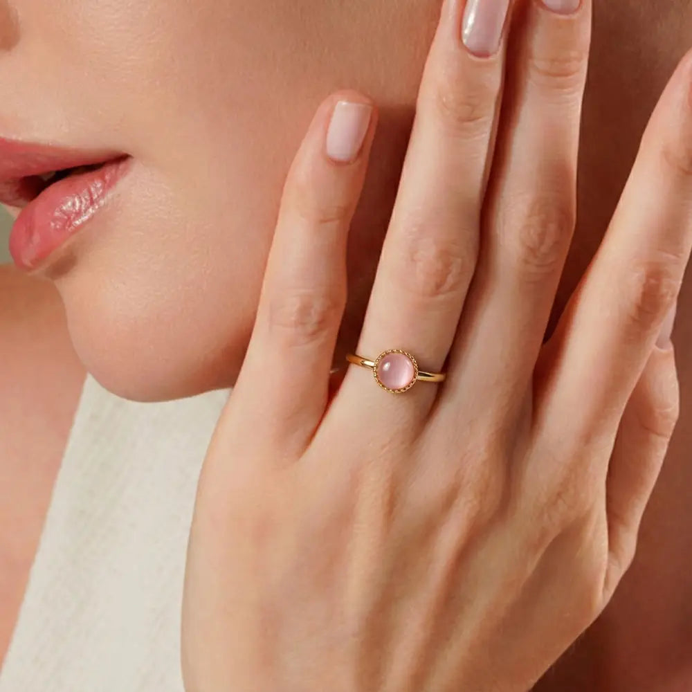 Pink Cat Eye Gemstone Ring Gold Beaded Bezel Delicate Handmade Ring for Everyday Elegant - Jewelry