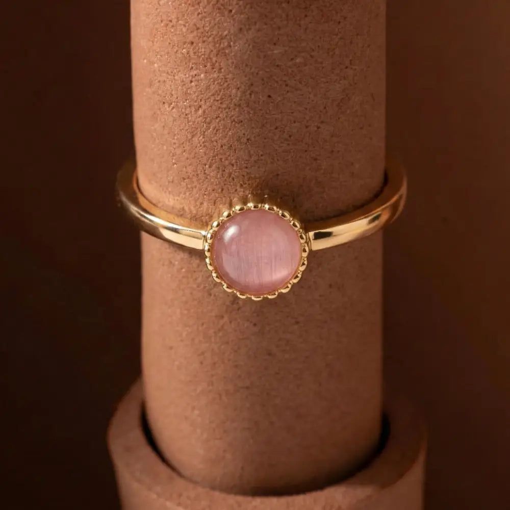 Pink Cat Eye Gemstone Ring Gold Beaded Bezel Delicate Handmade Ring for Everyday Elegant - Jewelry
