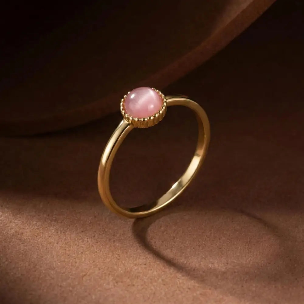 Pink Cat Eye Gemstone Ring Gold Beaded Bezel Delicate Handmade Ring for Everyday Elegant - Jewelry