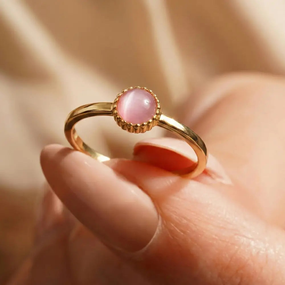 Pink Cat Eye Gemstone Ring Gold Beaded Bezel Delicate Handmade Ring for Everyday Elegant - Jewelry