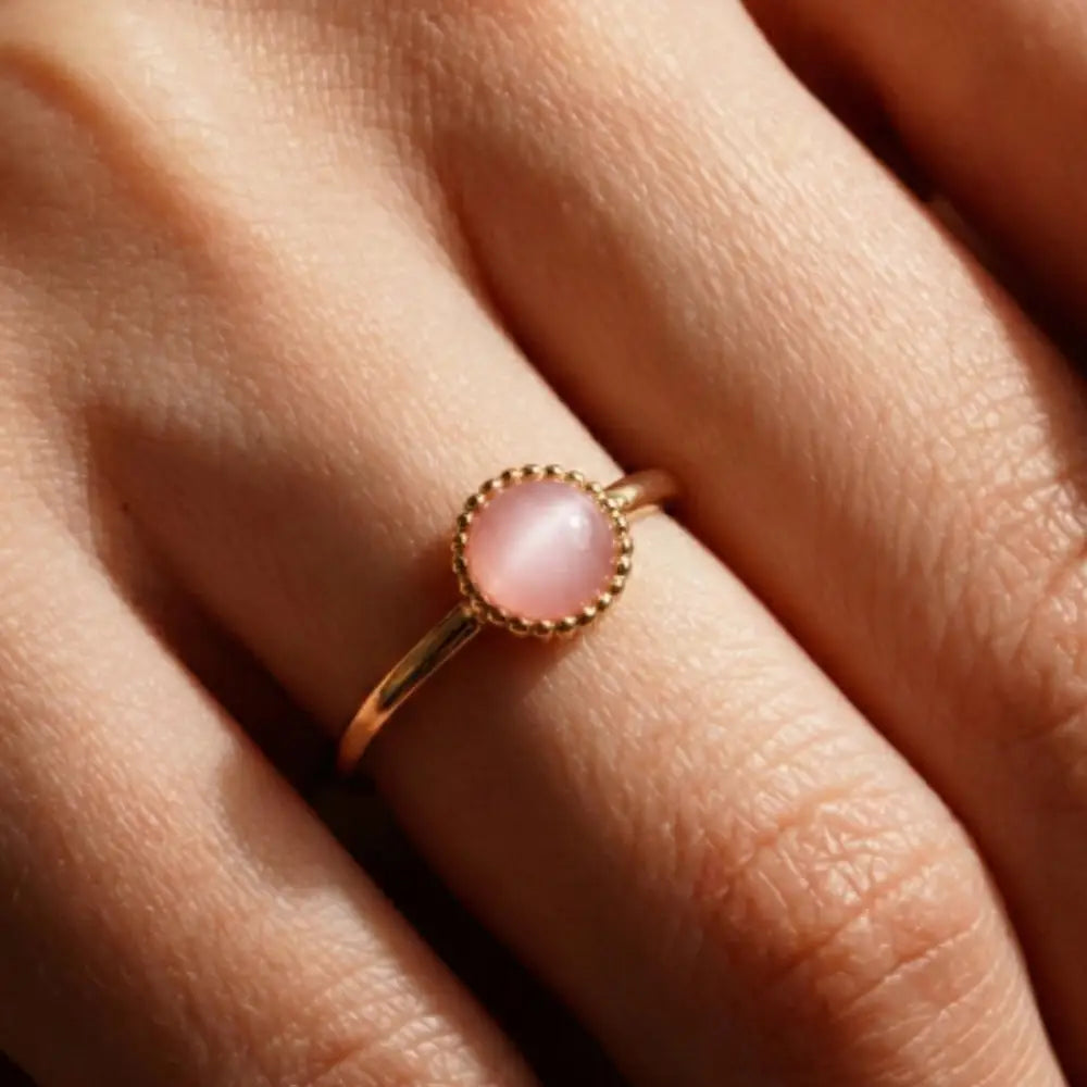 Pink Cat Eye Gemstone Ring Gold Beaded Bezel Delicate Handmade Ring for Everyday Elegant - Jewelry