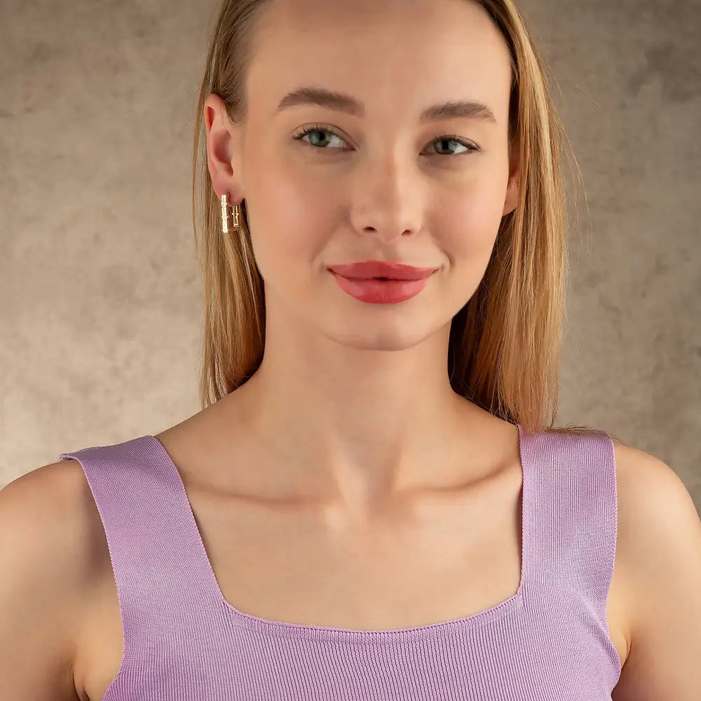 Rectangle Hoops 14K Solid Rose Gold | 21 mm Geometric Diamond-Cut Huggie Earrings for Women - Earrings