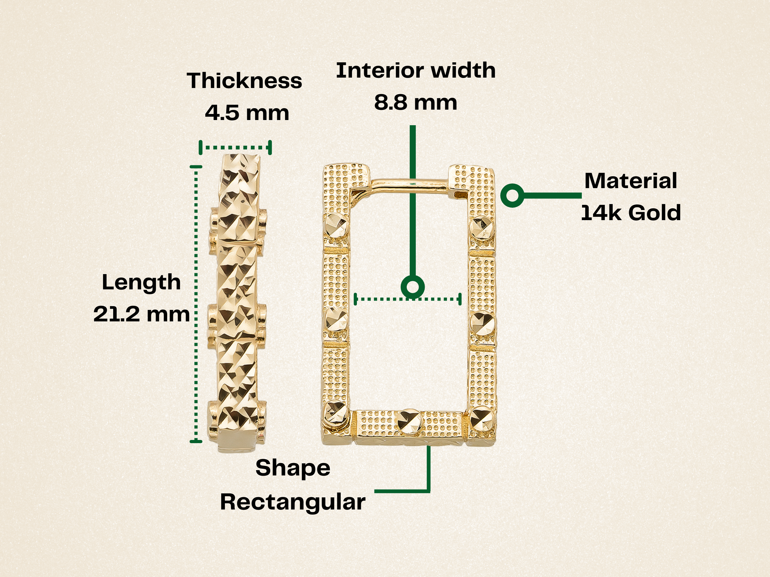 Rectangle Hoops 14K Solid Rose Gold | 21 mm Geometric Diamond-Cut Huggie Earrings for Women - Earrings