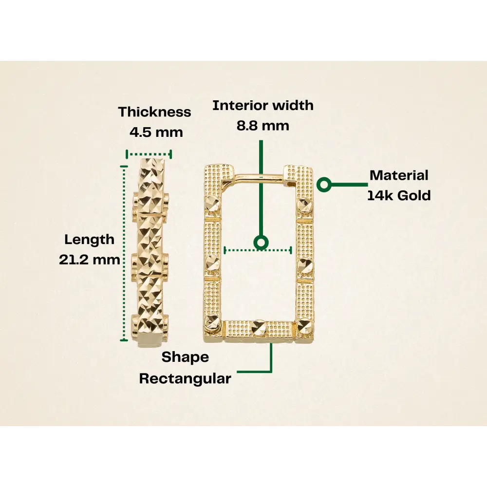 Rectangle Hoops 14K Solid Rose Gold | 21 mm Geometric Diamond-Cut Huggie Earrings for Women - Earrings