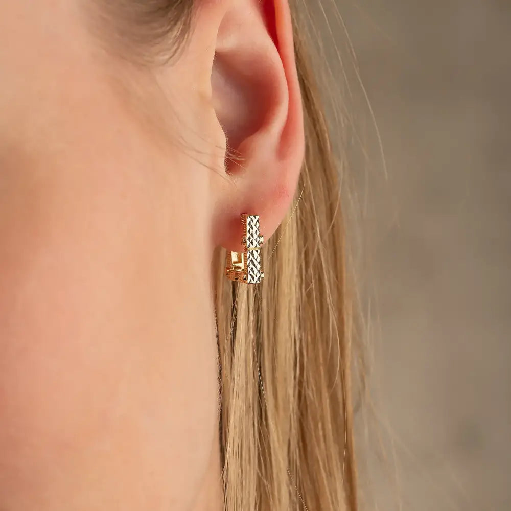 Square Earring Hoops 14K Solid Gold | 14 mm Geometric Square Huggies 4.5 mm Thick Ribbed Gold Earrings - Earrings