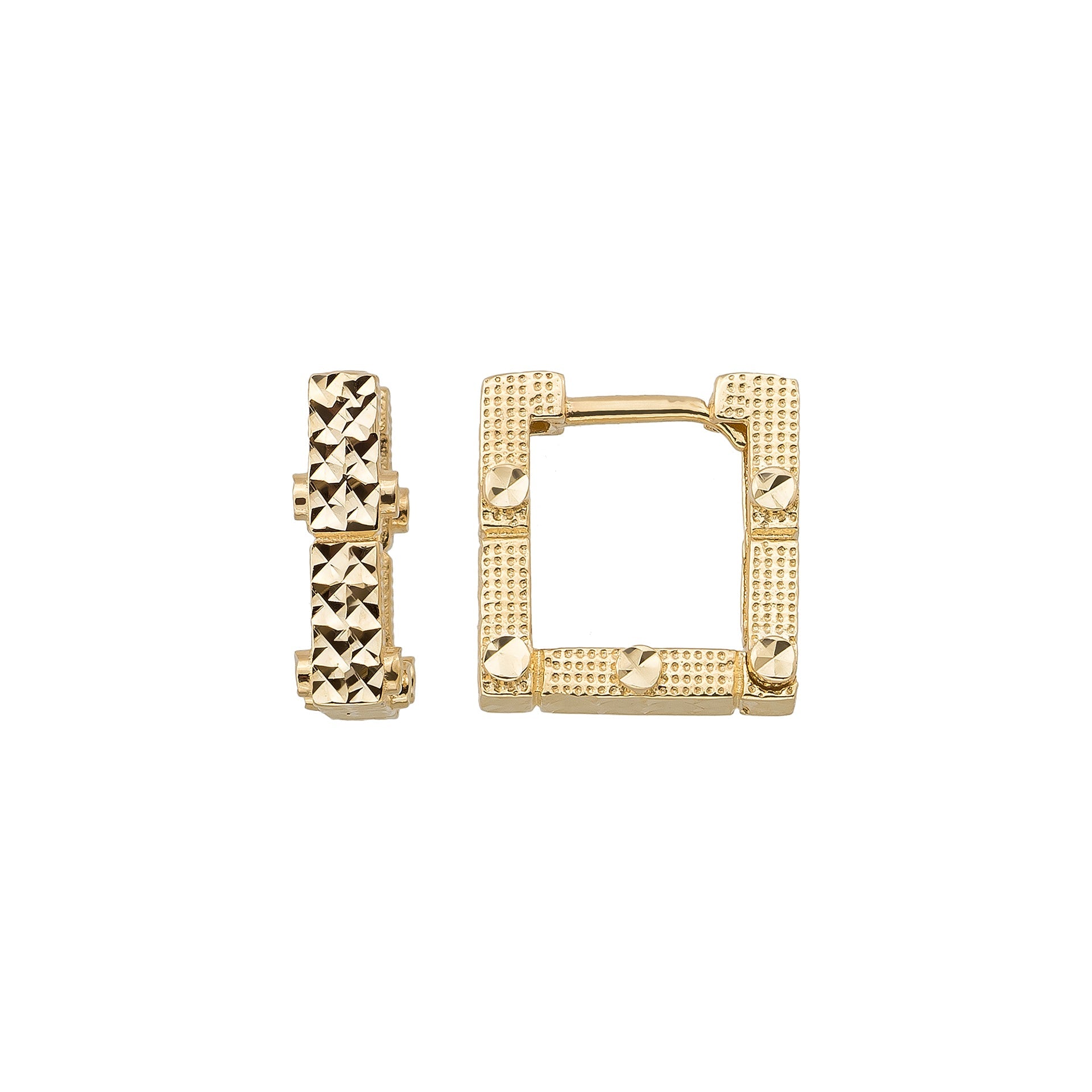 Square Earring Hoops 14K Solid Gold | 14 mm Geometric Square Huggies 4.5 mm Thick Ribbed Gold Earrings - Single