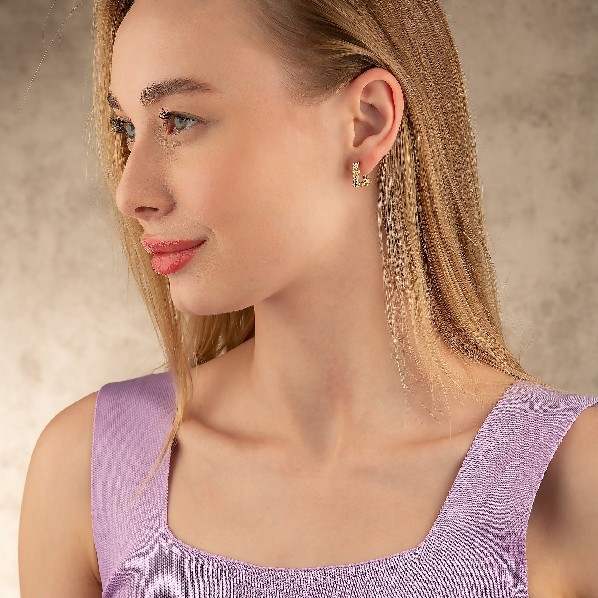 Square Earring Hoops 14K Solid Gold | 14 mm Geometric Square Huggies 4.5 mm Thick Ribbed Gold Earrings - Earrings