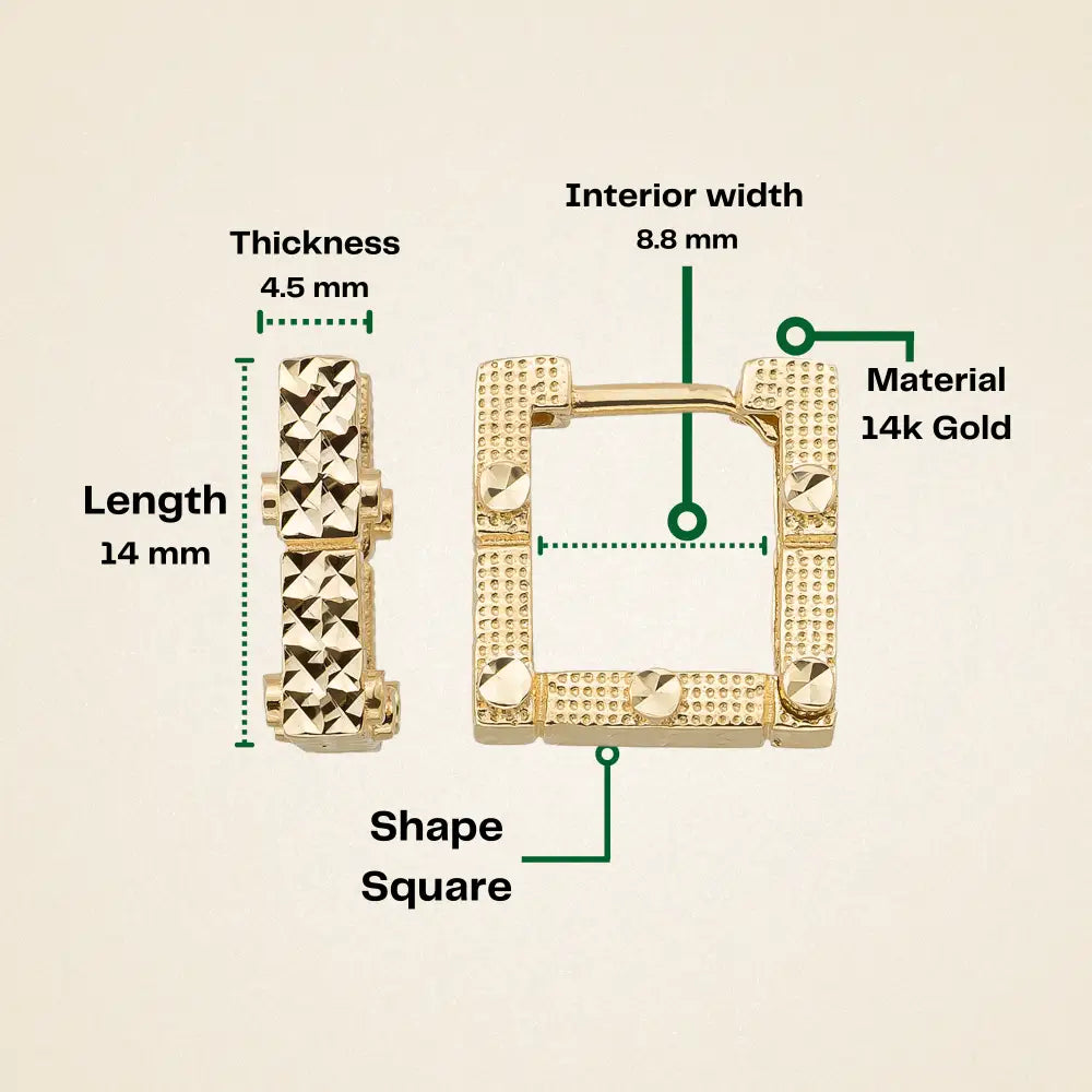 Square Earring Hoops 14K Solid Gold | 14 mm Geometric Square Huggies 4.5 mm Thick Ribbed Gold Earrings - Earrings