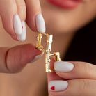 Square Hoop Earrings 14K Solid Gold | Geometric Ribbed Huggies 4.5 mm Thick 14 mm Square Gold Earrings for Women