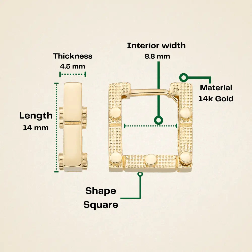 Square Hoop Earrings 14K Solid Gold | Geometric Ribbed Huggies 4.5 mm Thick 14 mm Square Gold Earrings for Women